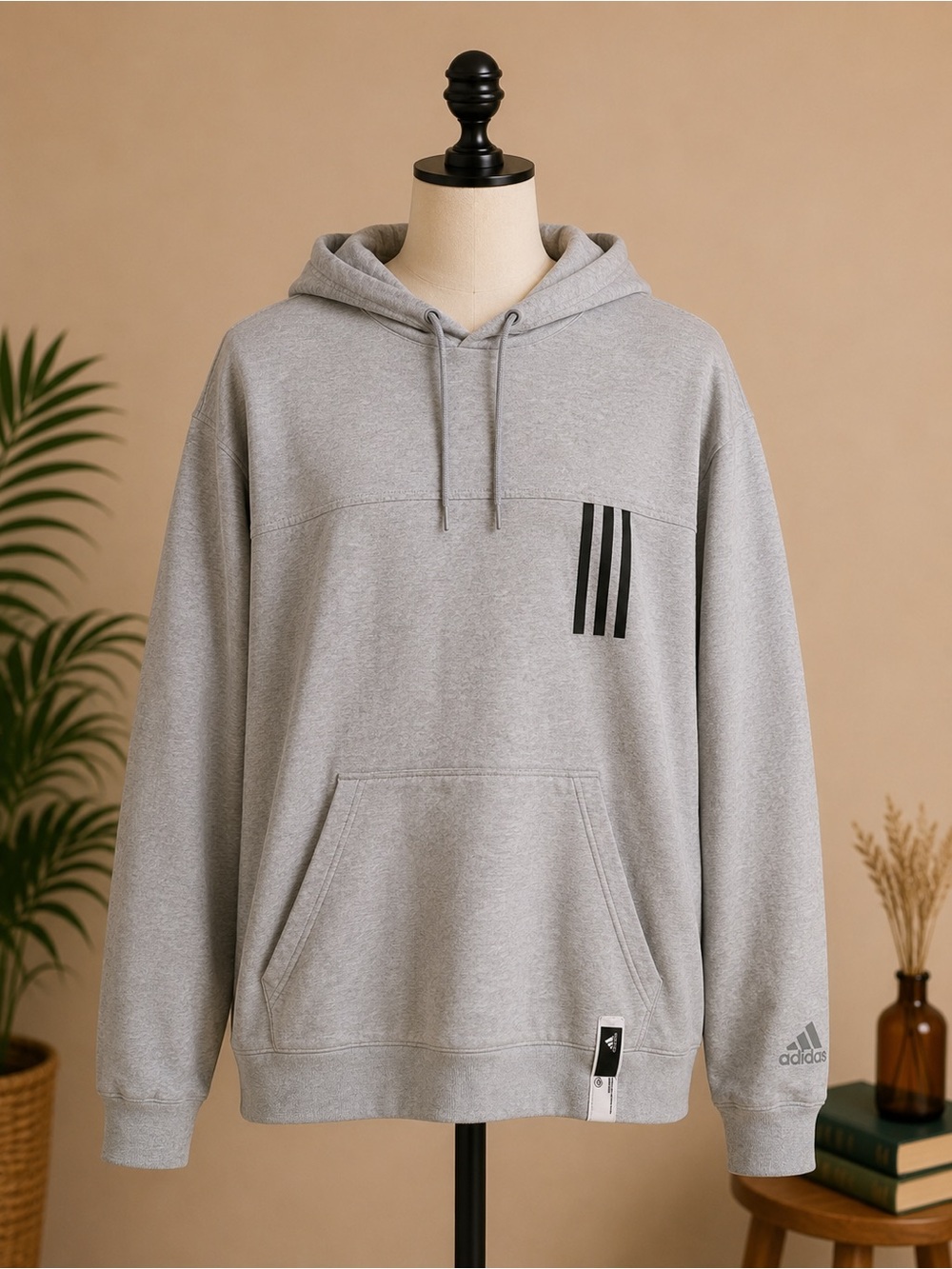 Adidas Gray Pullover Hoodie Sweatshirt | Men’s Large | Minimalist 3 Stripe Logo